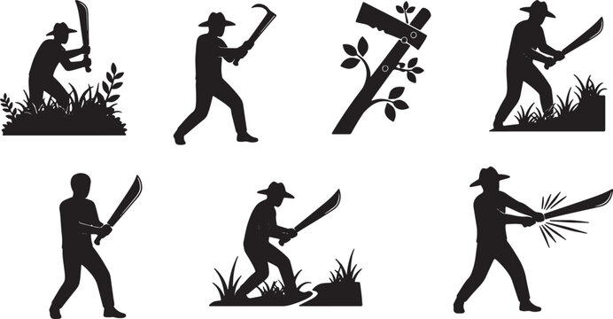 6 Black Solid Machete Clearing Silhouettes Set on White Background