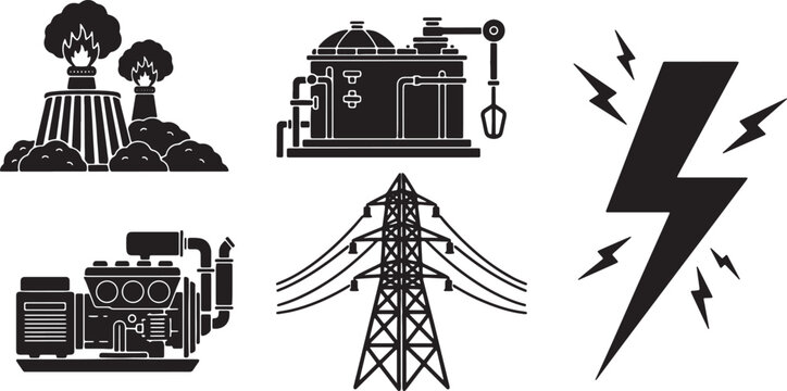 5 Black Solid Biogas Production Silhouettes Set on White Background