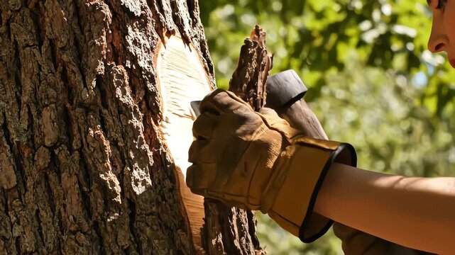 Close up of female worker hands in leather gloves using hatchet to peel bark from tree trunk in sunny forest