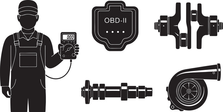 5-6 Black Solid Auto Repair Silhouettes with Engine Parts
