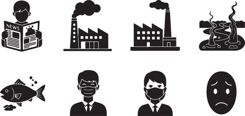 Naklejka premium 6 Black Solid Pollution Impacts Silhouettes Set on White Background