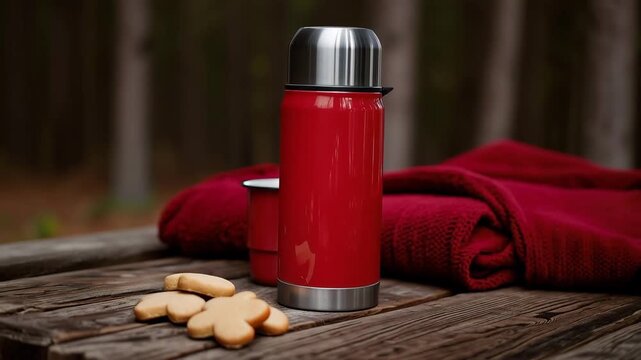 Red thermos flask with cup on wooden table with cookies and scarf, cozy outdoor winter beverage scene in forest setting