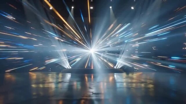 Singing and dancing performance on a grand annual presentation stage, surrounded by a spectacular particle lighting show. Abstract futuristic digital background with glowing lines, flowing light 