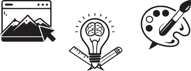 Naklejka premium Creative design icons set with web image, brain lightbulb, art palette in clean editable line vector style