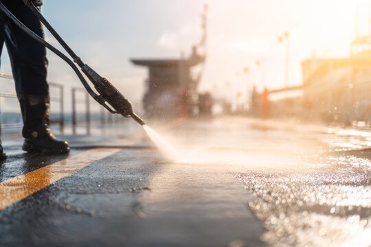 Crew Member Cleaning Ship Deck During Routine Morning Maintenance with Pressure Washer