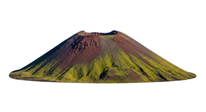 Green and brown volcano PNG isolated on transparent background, scenic mountain landscape with crater for travel and nature designs