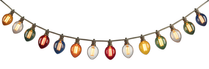 Colorful string lights with teardrop shaped bulbs on a transparent background