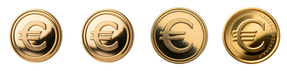 Four gold euro coins on transparent background