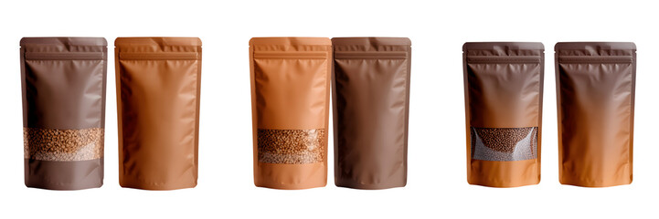 Six brown and tan coffee bags isolated on transparent background