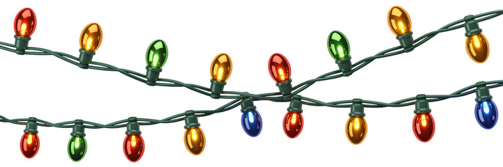 Colorful christmas string lights on green wire isolated on transparent background
