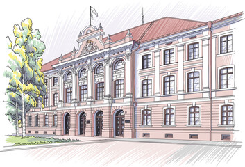 Fototapeta premium Classical European government building vector illustration featuring architectural facade with red roof and white columns