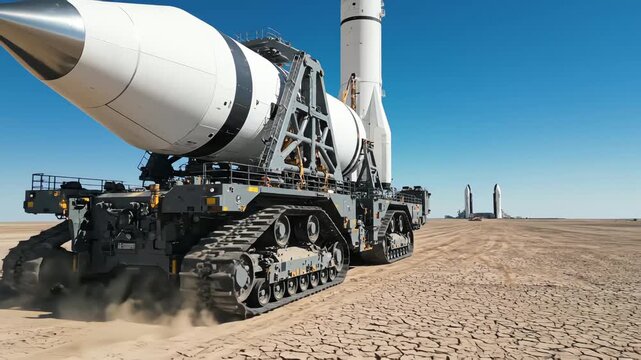 Massive crawler transporter carrying space rocket booster horizontally across dry desert landscape with launch towers in background