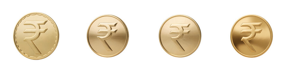 Four gold coins with embossed designs on transparent background