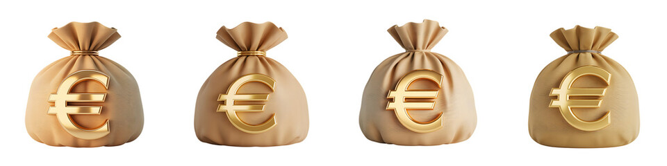 Four gold money bags with dollar signs on transparent background