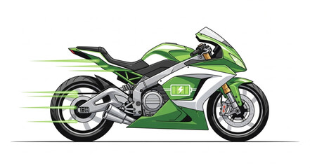 Obraz premium Green Electric Motorcycle Speed Motion Blur White Background.