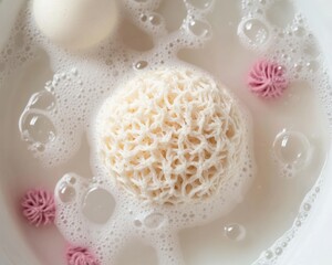 Creamy, textured cleaning sponge in sudsy water.