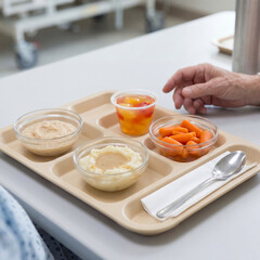 Low-chew diet food for seniors, clean hospital-style presentation