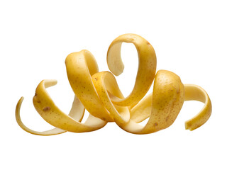 Yellow banana peel curled up isolated on transparent background