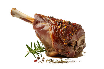Glazed ham hock with herbs on transparent background