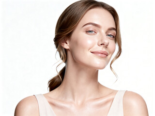 Naklejka premium Close-up studio portrait of a smiling young woman with beautiful skin and hair looking at the camera expressing true happiness