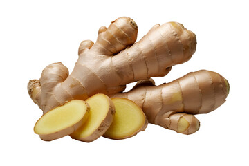 Fresh ginger root with sliced pieces isolated on transparent background
