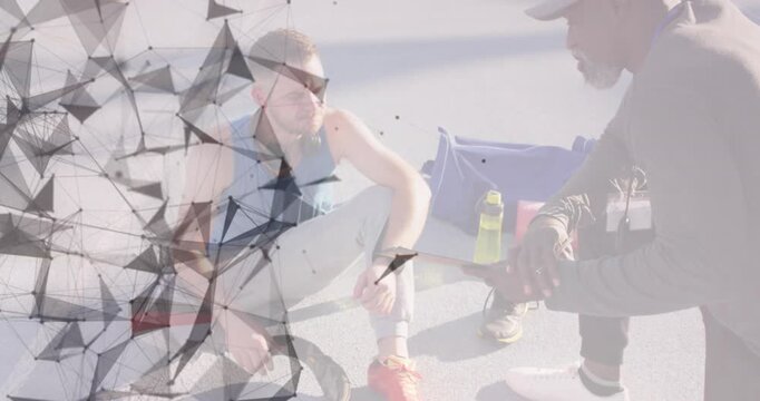 Animation of geometrical shapes over african american trainer and caucasian male with running blade
