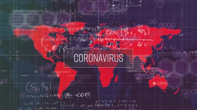 Animation of coronavirus, scientific data and world map on black background