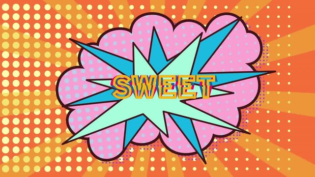 Animation of sweet, comic cloud and orange and yellow background with stripes and dots