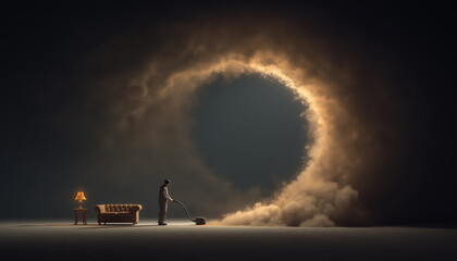Vacuum Cleaner Sucking Furniture into a Black Hole. Surreal cleaning concept where a vacuum creates a black hole swallowing the living room.
