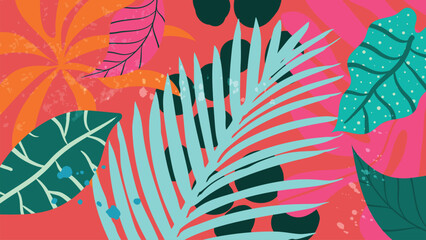 Fototapeta premium Tropical palm vector abstract background with coral pink base, teal fronds, dark green leaves and layered botanical shapes. Vibrant modern design for posters, banners, stationery and web.
