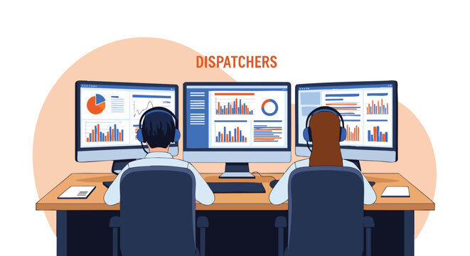Diverse Team of Dispatchers Analyzing Data on Multiple Computer Screens in an Office Setting.