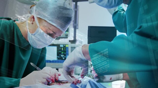 Animation of data processing over caucasian surgeons during surgery