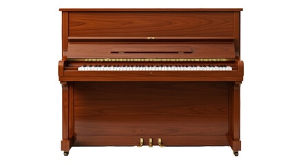Upright piano isolated PNG on transparent background, brown wooden musical instrument for classical music performance and home decor © Sorin