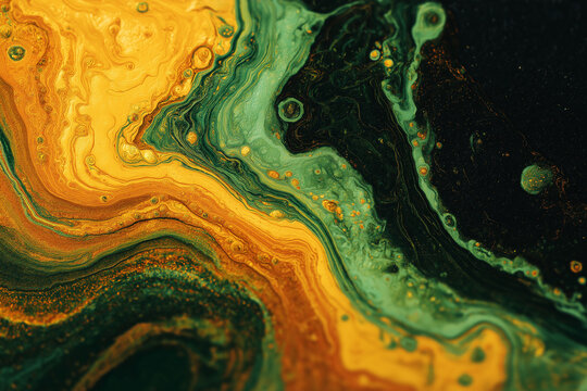 Abstract yellow and green acrylic fluid art texture with agate layers and bubbles, liquid marble background