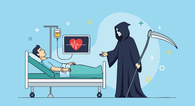 Grim Reaper Offering a Deal to a Patient in Hospital Bed with Heart Monitor.