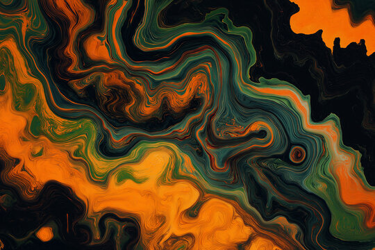 Abstract red and green acrylic fluid art texture with agate layers and bubbles, liquid marble background