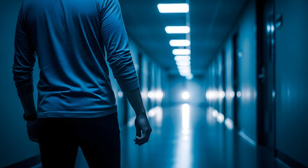 Obraz premium A person walking down a dimly lit blue hallway with bright lights ahead