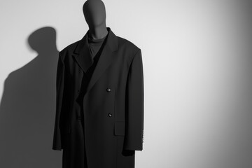Oversized black double-breasted coat on a mannequin.