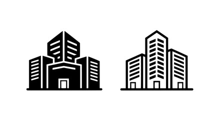 Fototapeta premium Two black building icons, one solid, one outline, representing offices