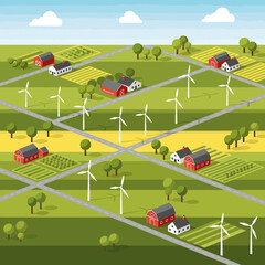 Obraz premium Rural landscape with farms and wind turbines.