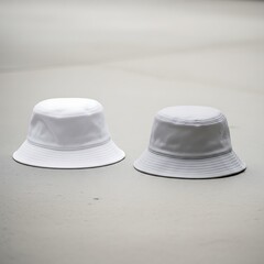 Two crisp white bucket hats with subtle grey trim are displayed side-by-side on a neutral, textured surface, suggesting minimalist fashion or outdoor apparel