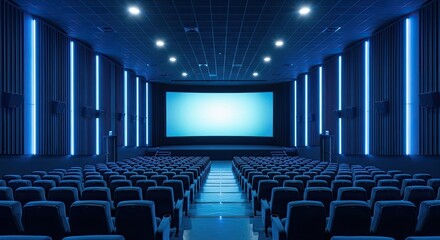 Fototapeta premium A large empty cinema with rows of seats facing a blank screen illuminated by blue lights from the walls and ceiling