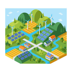 Fototapeta premium Sustainable eco-friendly village with renewable energy sources and green spaces.