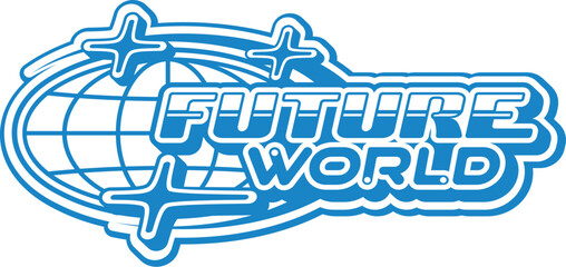 Future world globe Y2K retro icon or sign. Globe wireframe vintage vector icon, Earth sphere mesh retro emblem. International and global business planet sign with blue color, futuristic typography © Vector Tradition