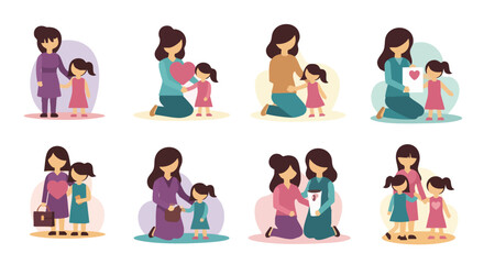 Mother and Daughter Love and Care Moments Collection - Flat Design.