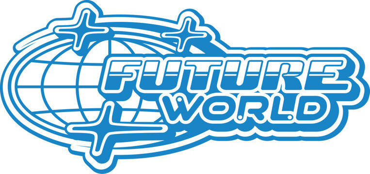 Future world globe Y2K retro icon or sign. Globe wireframe vintage vector icon, Earth sphere mesh retro emblem. International and global business planet sign with blue color, futuristic typography