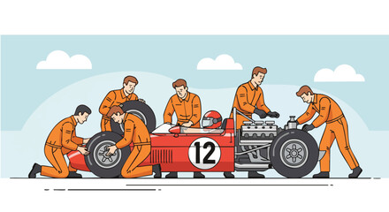Fototapeta premium Race Car Pit Crew Working Together to Service a Formula 1 Car, Depicting Teamwork and Efficiency.