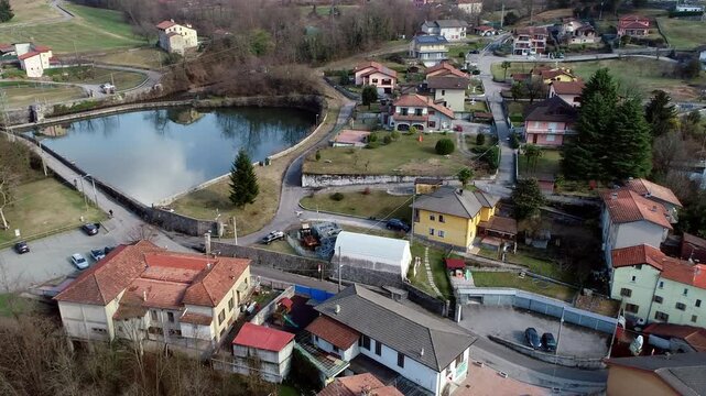 Aerial view of small Italian village of Ferrera di Varese in the province of Varese, Lombardy, Italy