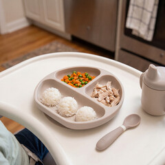 Toddler meal with small portions of rice, vegetables, and chicken, safe presentation