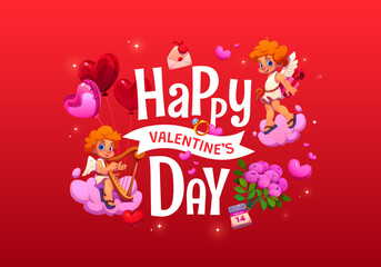 Fototapeta premium Happy Valentine Day greeting card featuring cupids on pink clouds, love symbols, and decorations on a red background, evoking feelings of romance, celebration, and affection for the romantic holiday